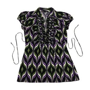 Y2K Ruffle Neck Blouse Womens Small Hippie Psychedelic Trippy Black Purple Top